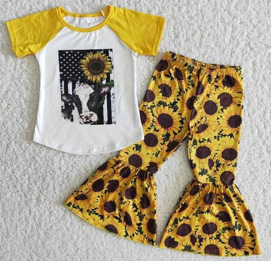 Girls Sunflower Cow Pants Set