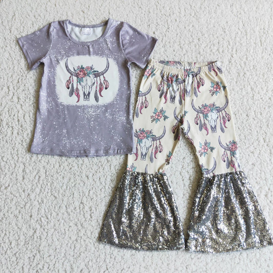 Girls Feather Skull Pants Set